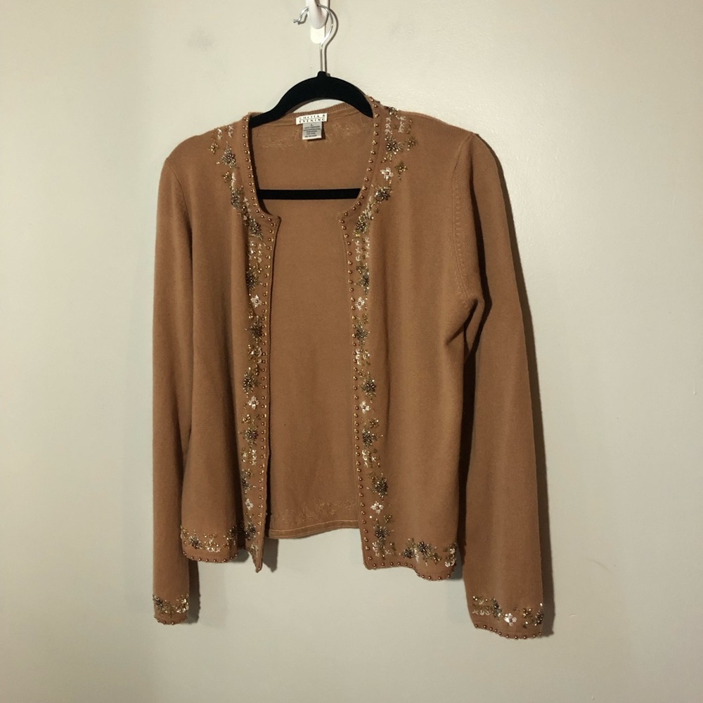 Vintage chetta b evening cashmere beaded open front tan cardigan L granny